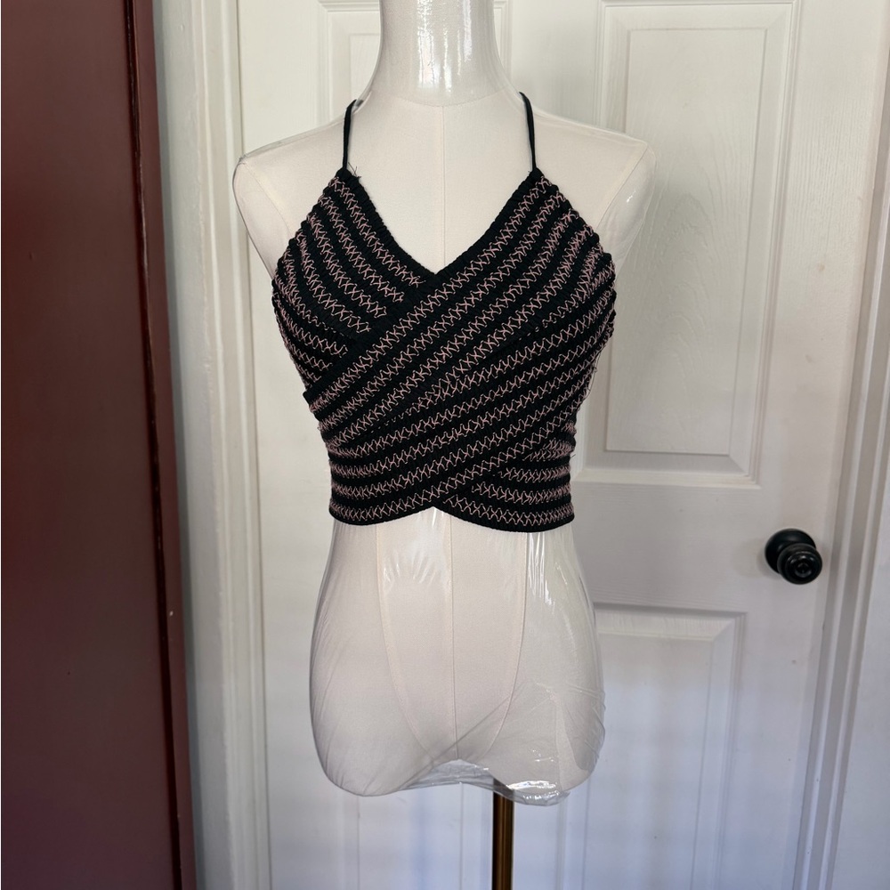 Free People Black and Pink Diagonal Striped Crop Top